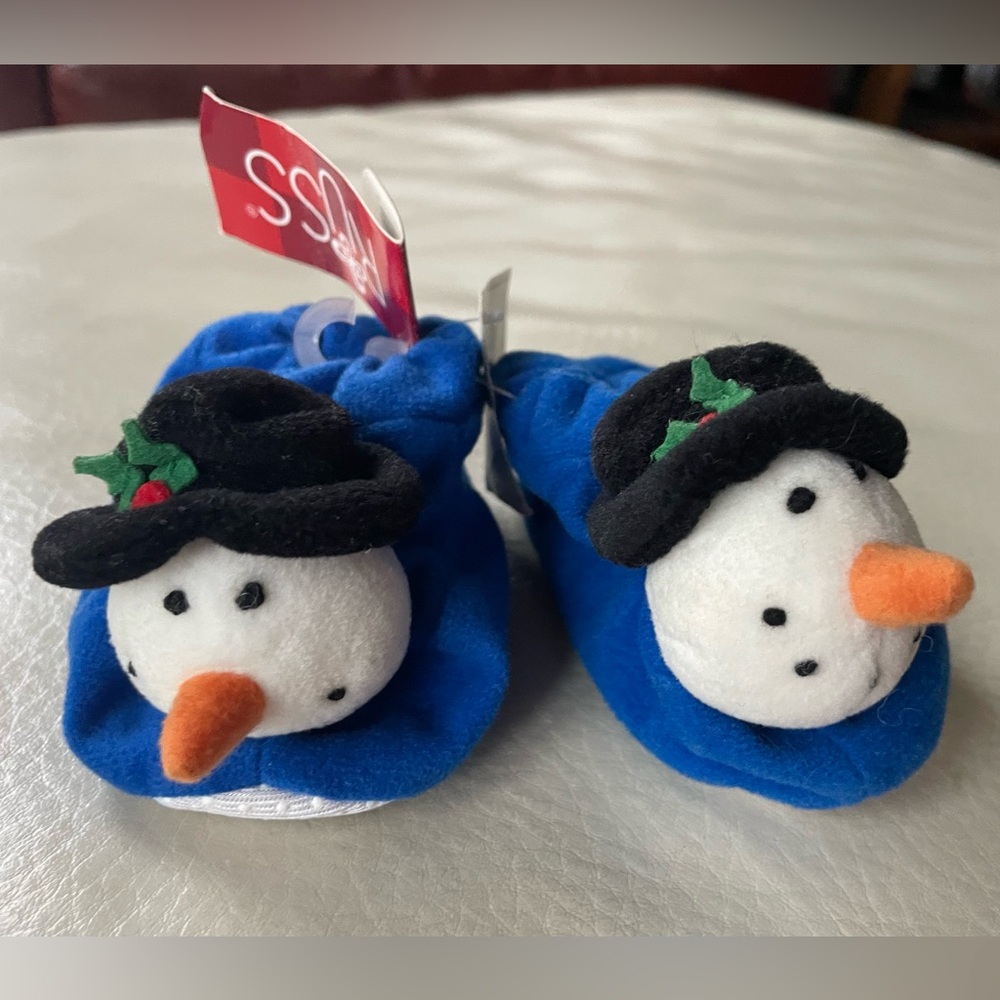 4/$20💥NWT Russ Jingle Bell Babies Christmas Holiday Baby Slippers, Snowmen Faces